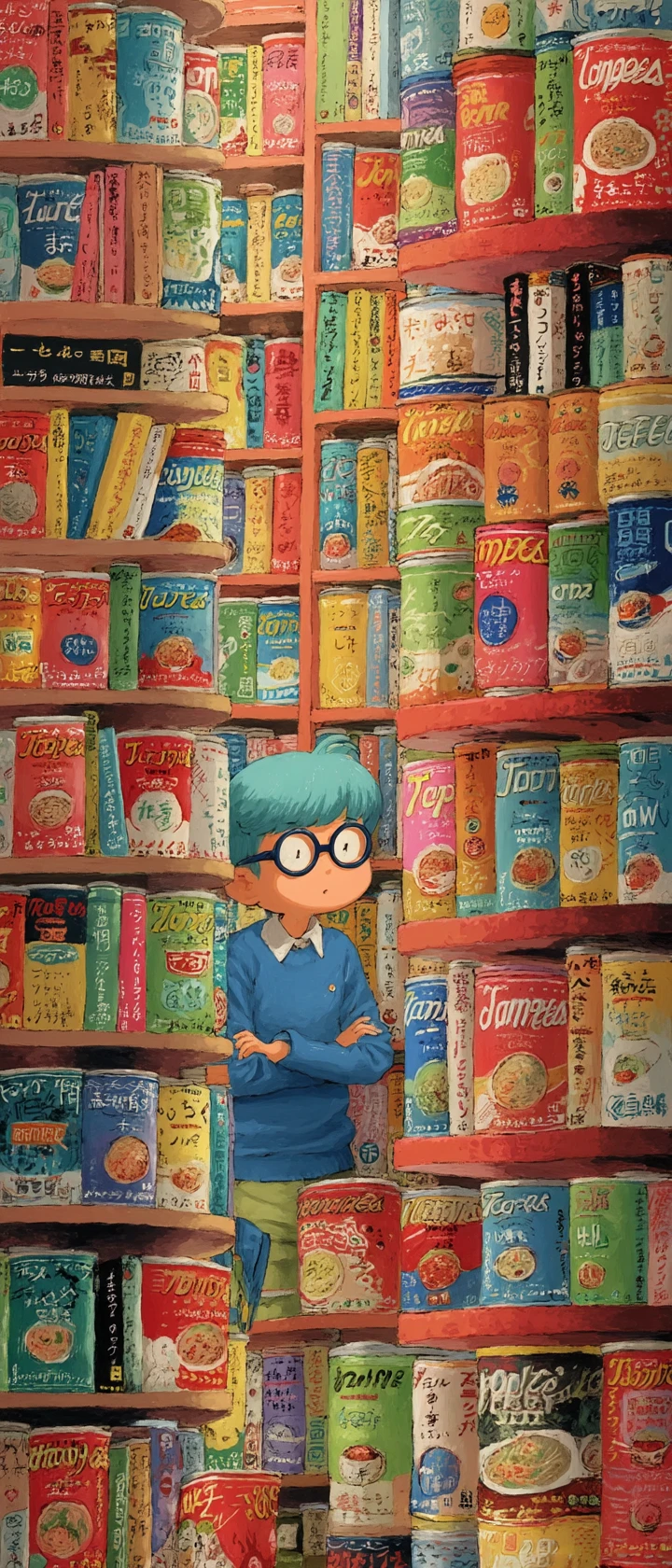 Bibliotecária de anime alegre em uma colorida biblioteca de copos de macarrão
