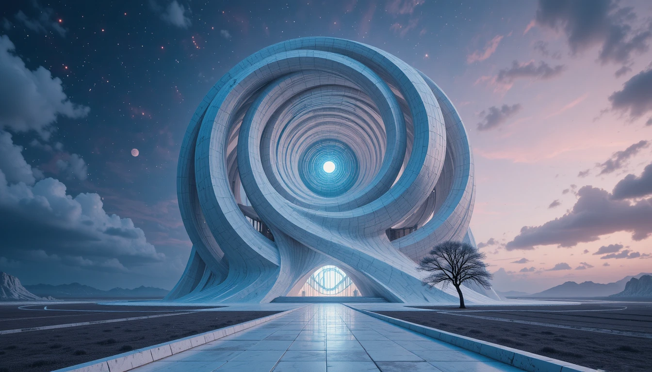 Futuristisches Spiralgebäude in einer surrealen Dämmerungslandschaft