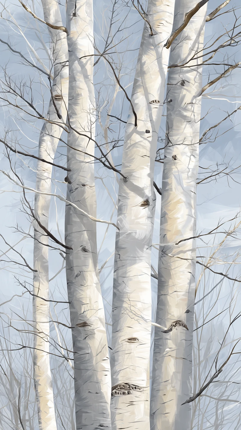 Tronchi di betulla senza foglie in una scena minimalista di foresta primaverile