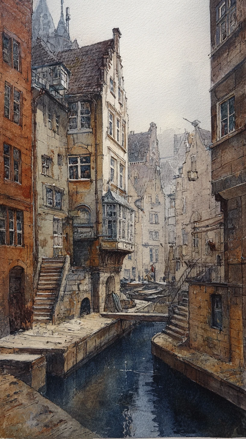 Historischer Hamburger Fischmarkt in sanften Aquarelltönen