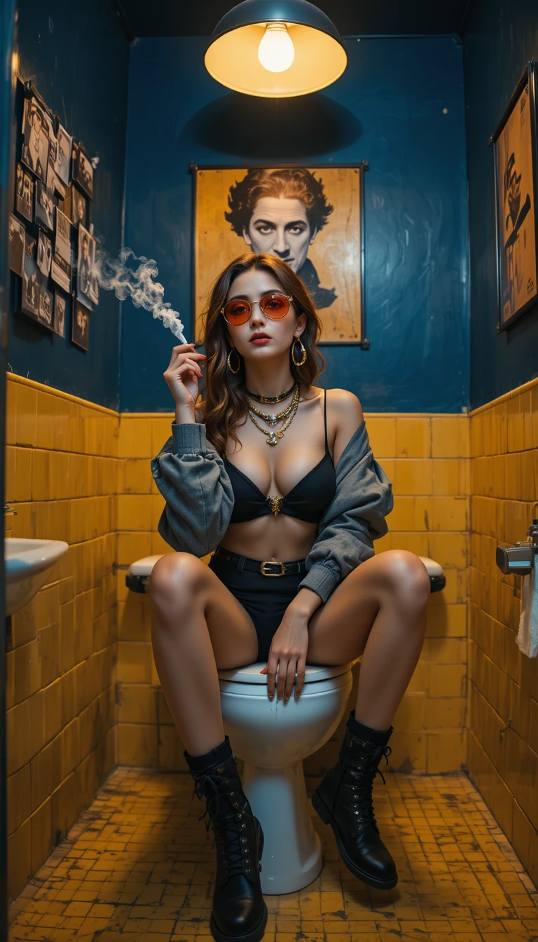 Edgy woman smoking on toilet in moody blue bathroom