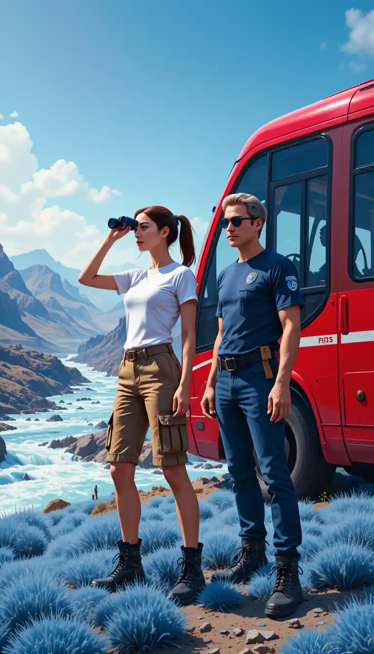 Femme scannant une vallée fluviale extraterrestre près d’un bus électrique rouge