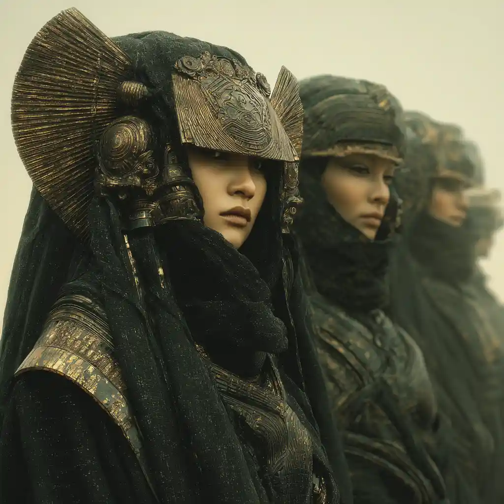 Asian sci fi princess in dark robe on futuristic ship