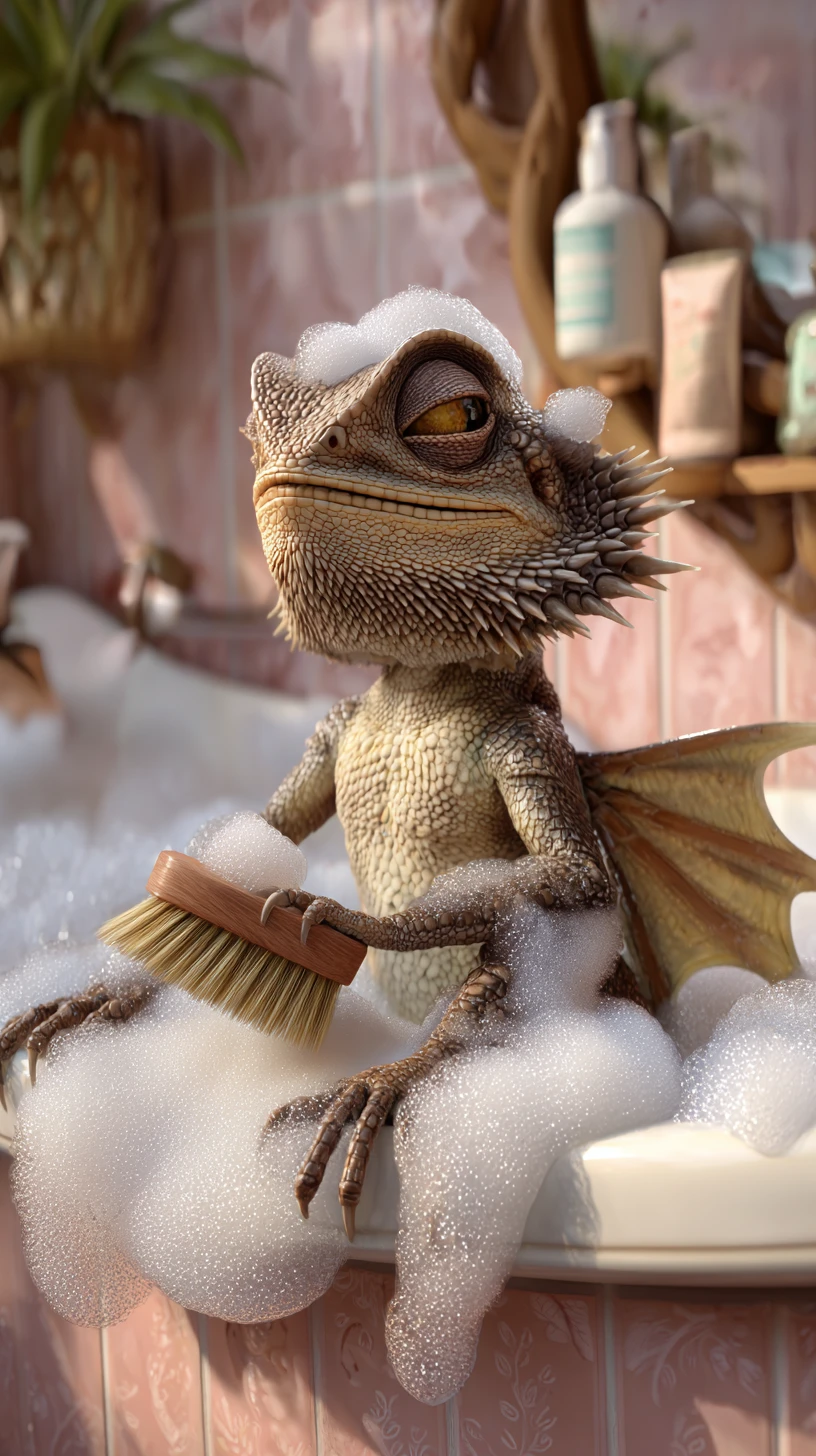 Joyful frilled lizard relaxing in a foamy bathtub