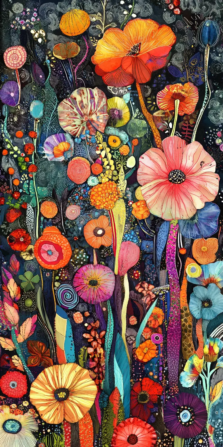 Whimsical watercolor garden drawn in loose dreamy doodle style