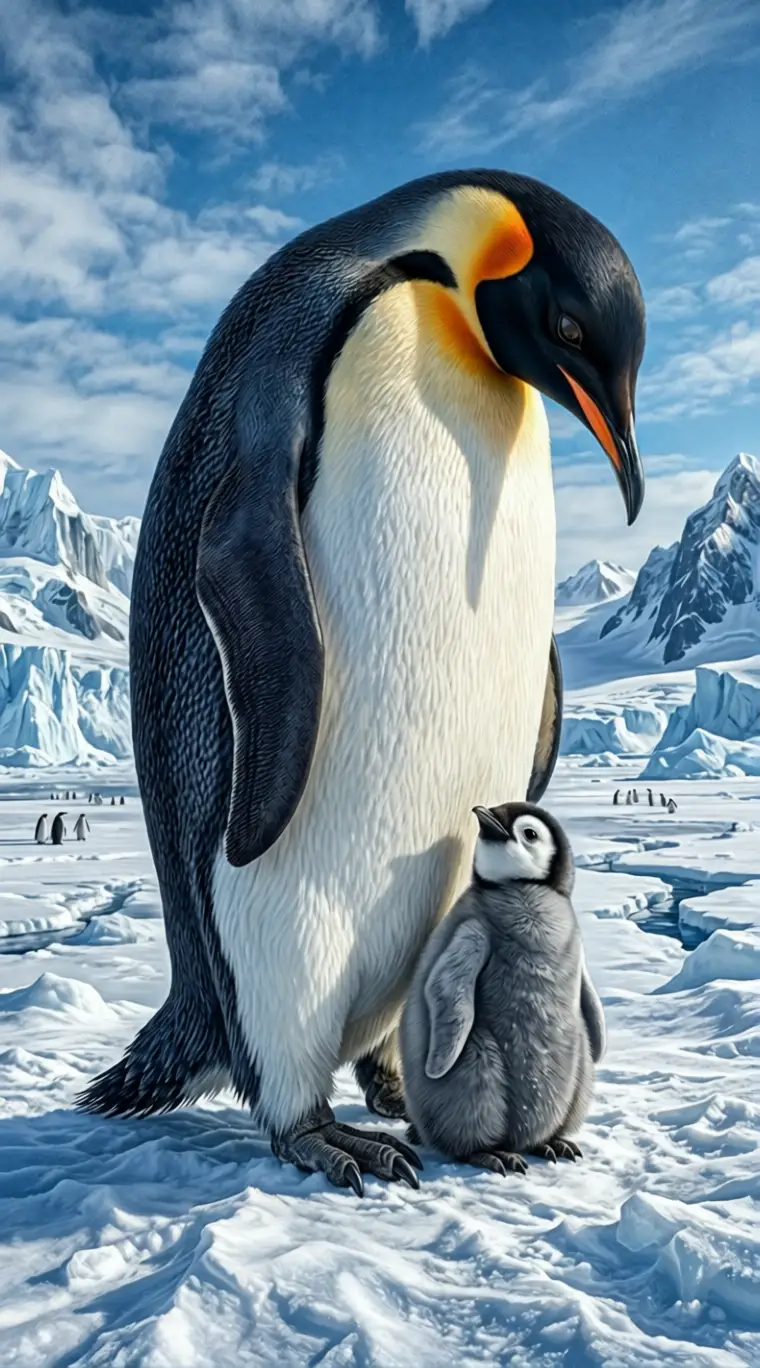 Kaiserpinguin ragt über Küken auf strahlender Schneefläche empor