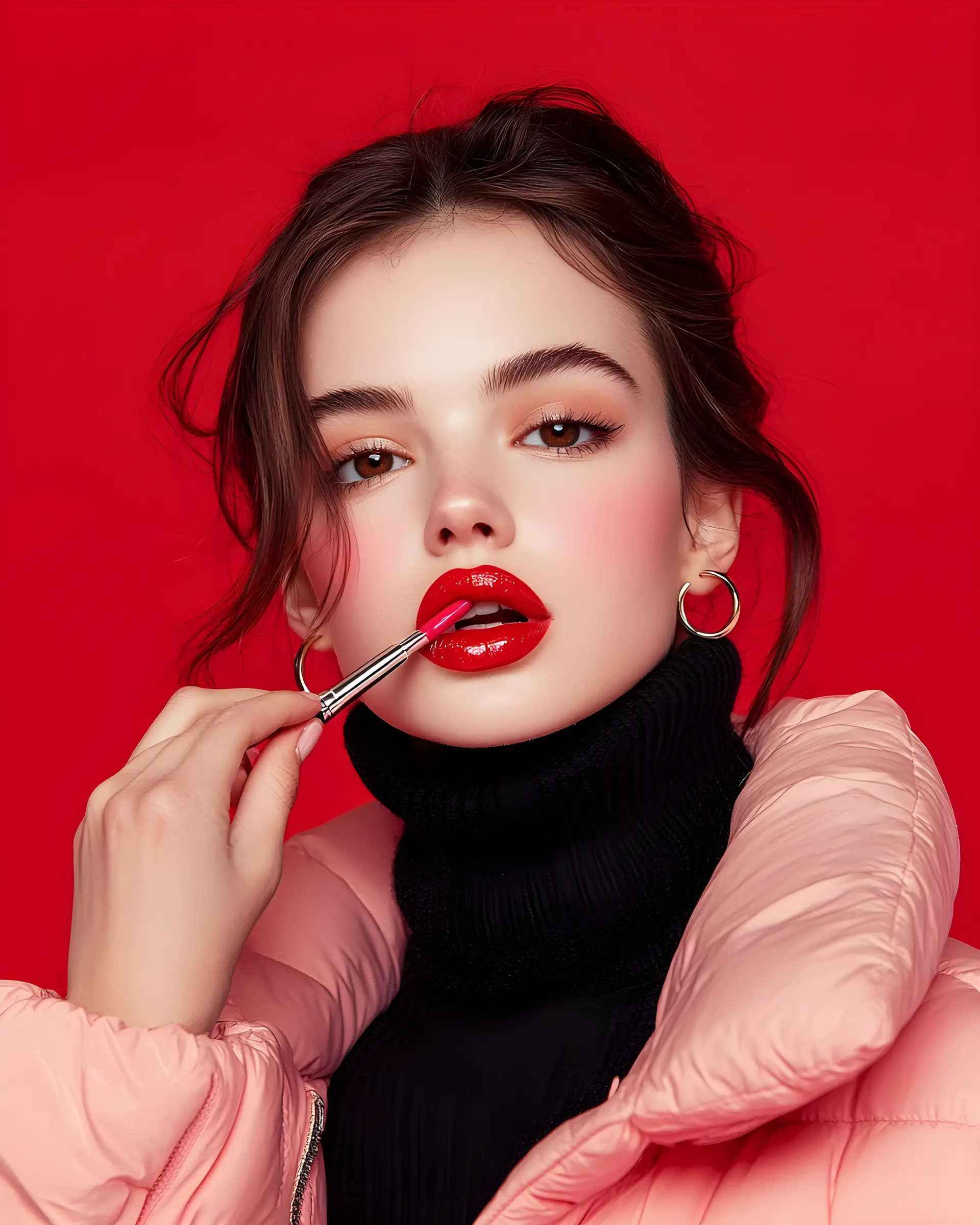 Frau trägt roten Lippenstift in 80er-Jahre-Fashion-Porträt auf