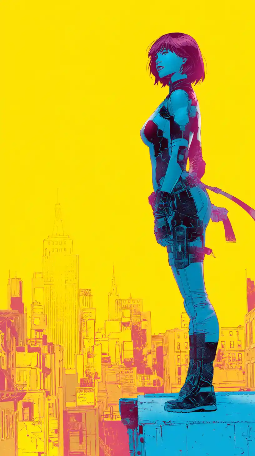 Heroic Female Warrior On City Rooftop At Sunset