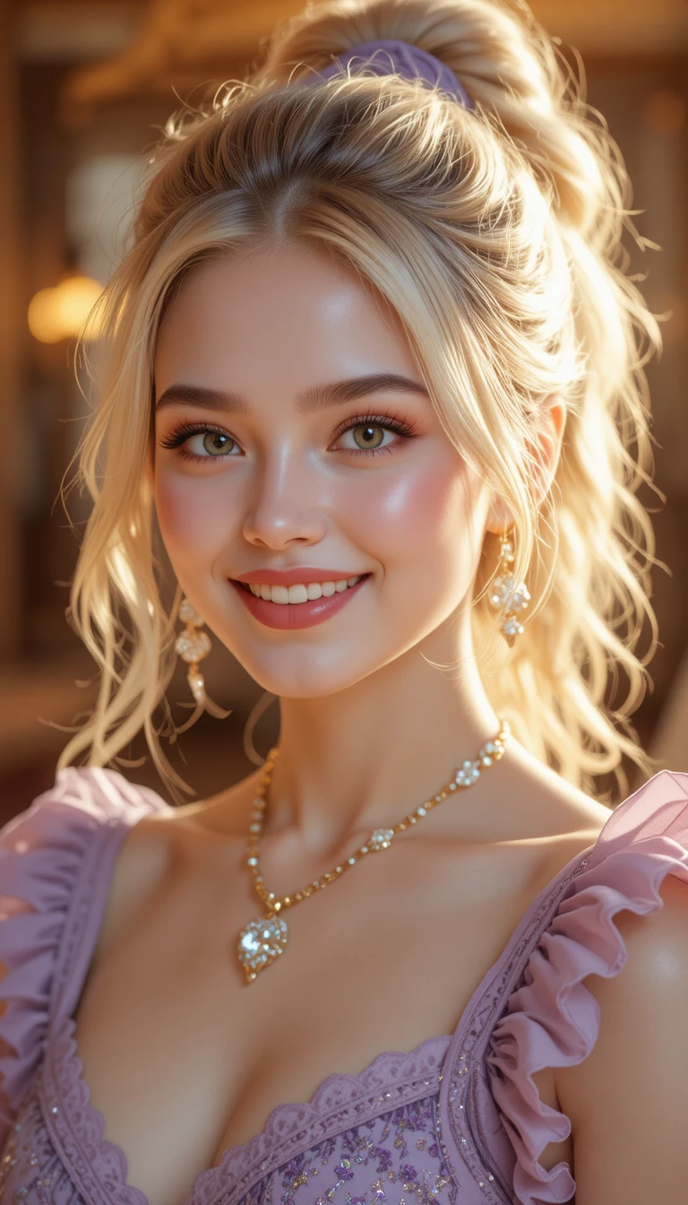 Smiling blonde girl portrait with gold jewelry and bokeh