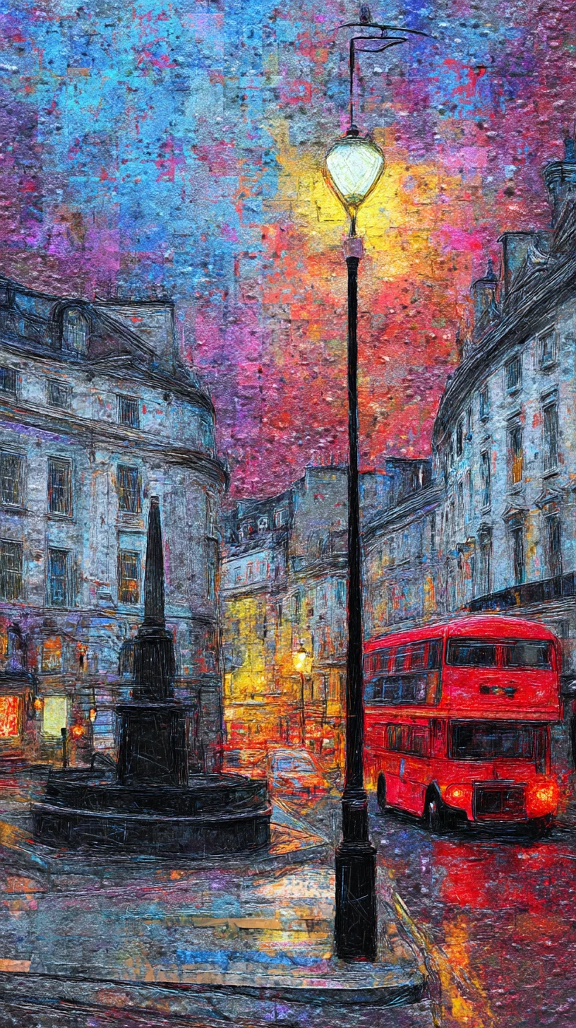 Rua de cidade à noite em estilo impressionista com ônibus vermelho de dois andares
