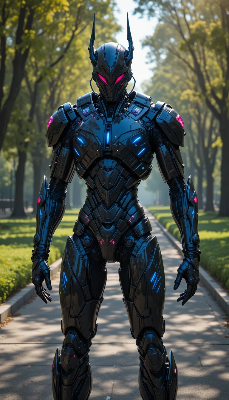 Robô humanóide futurista com armadura em um parque ensolarado