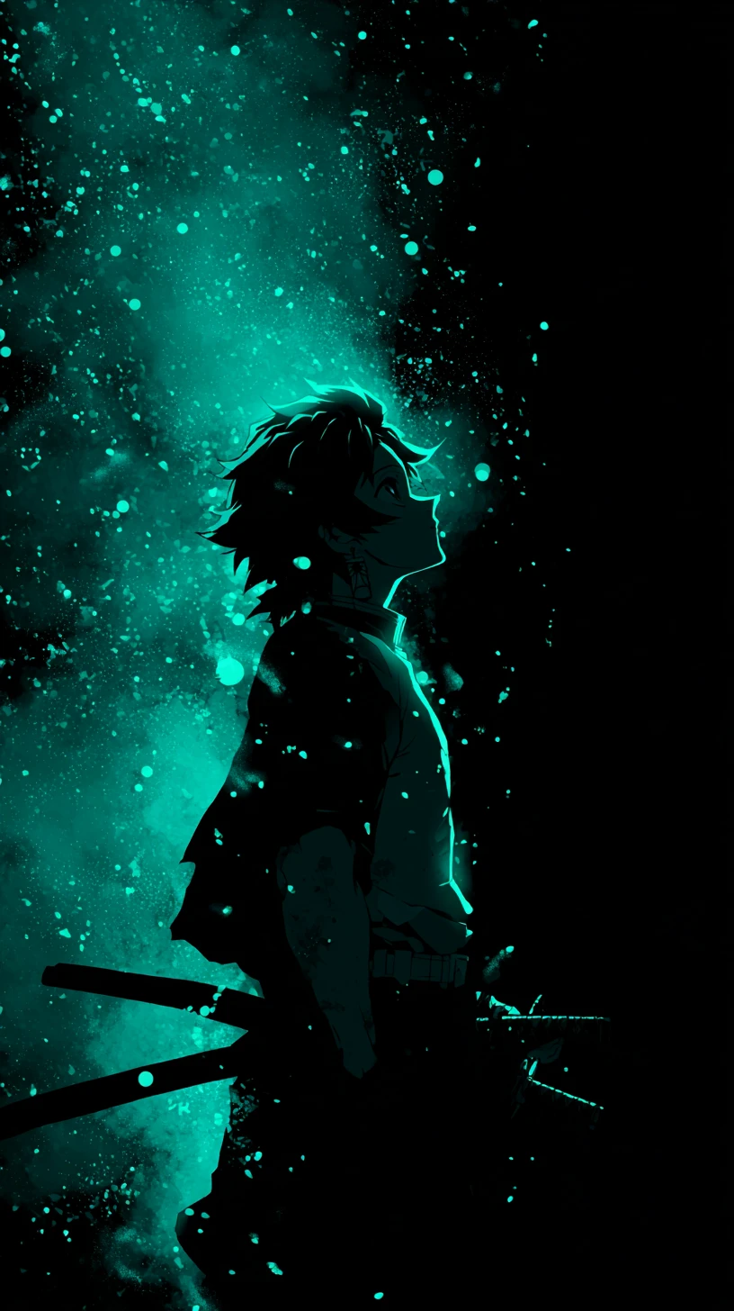 Espadachim de anime em perfil diante de vazio cósmico luminoso