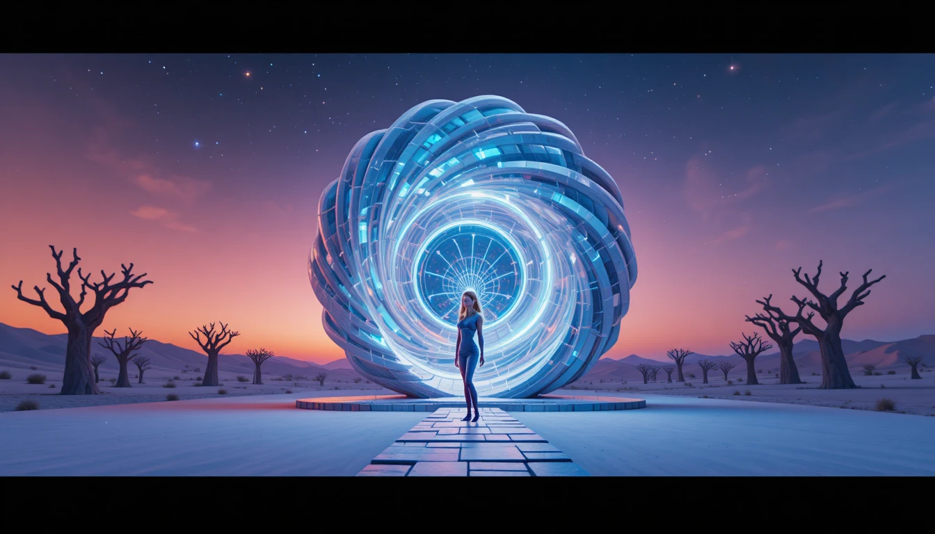Futuristisches Spiralgebäude in einer Wüste bei Sonnenuntergang
