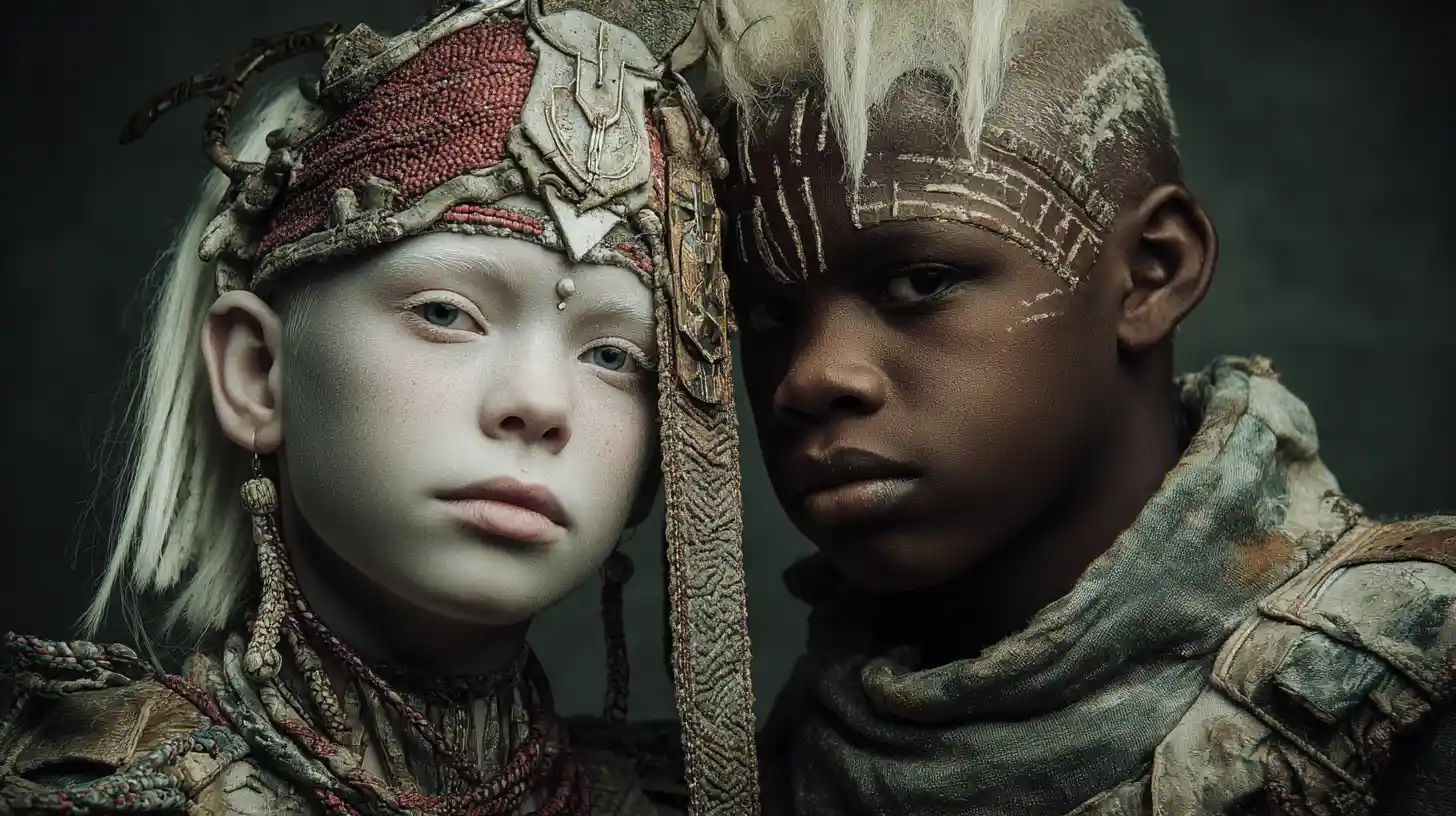 Kinematisches Porträt eines afrikanischen Albino-Mädchens mit Stammeskopfschmuck