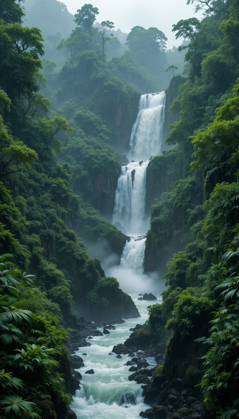暴風雨中濃密熱帶雨林裡的多層瀑布