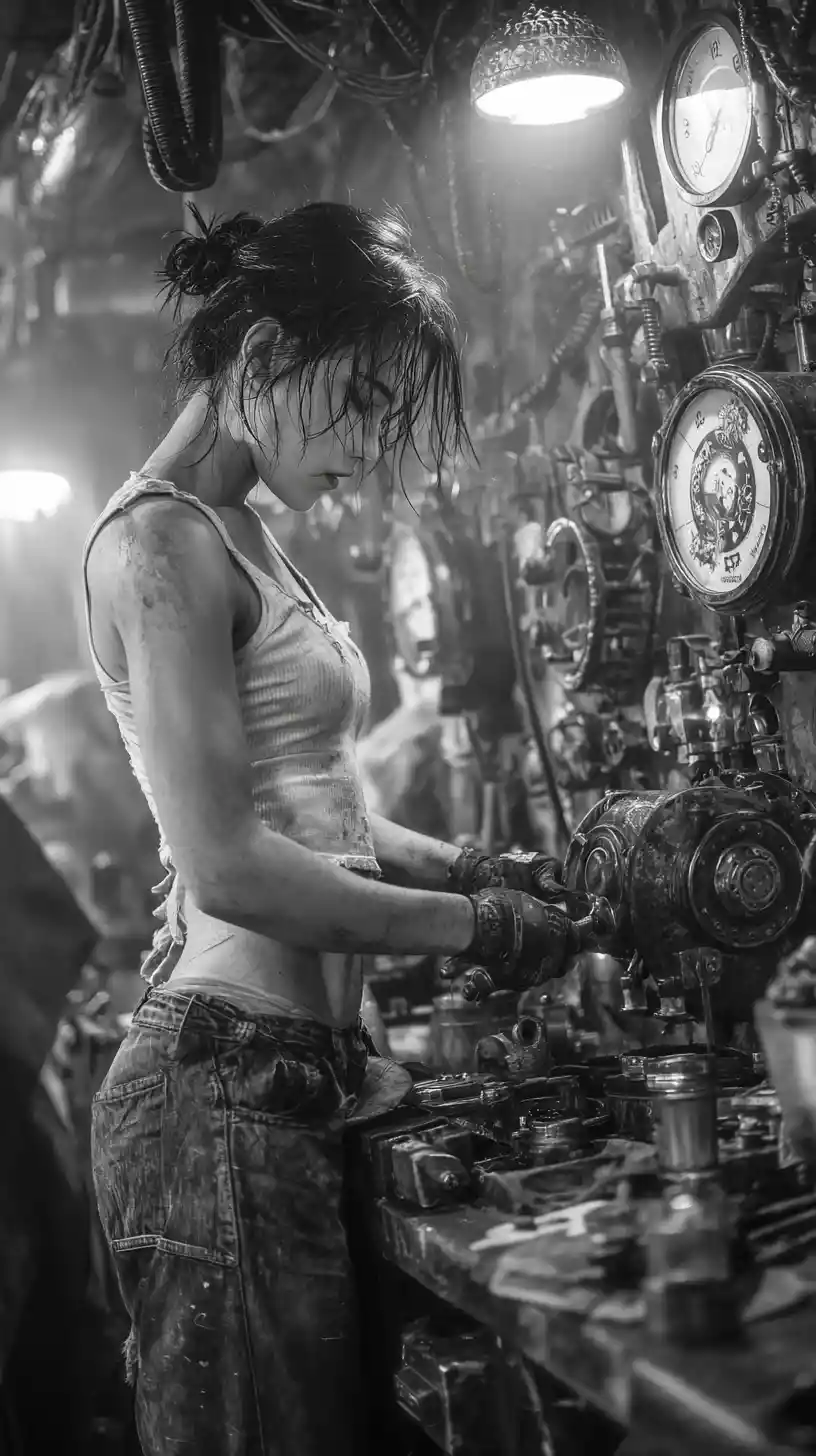 Mecánica decidida en un taller steampunk en primer plano