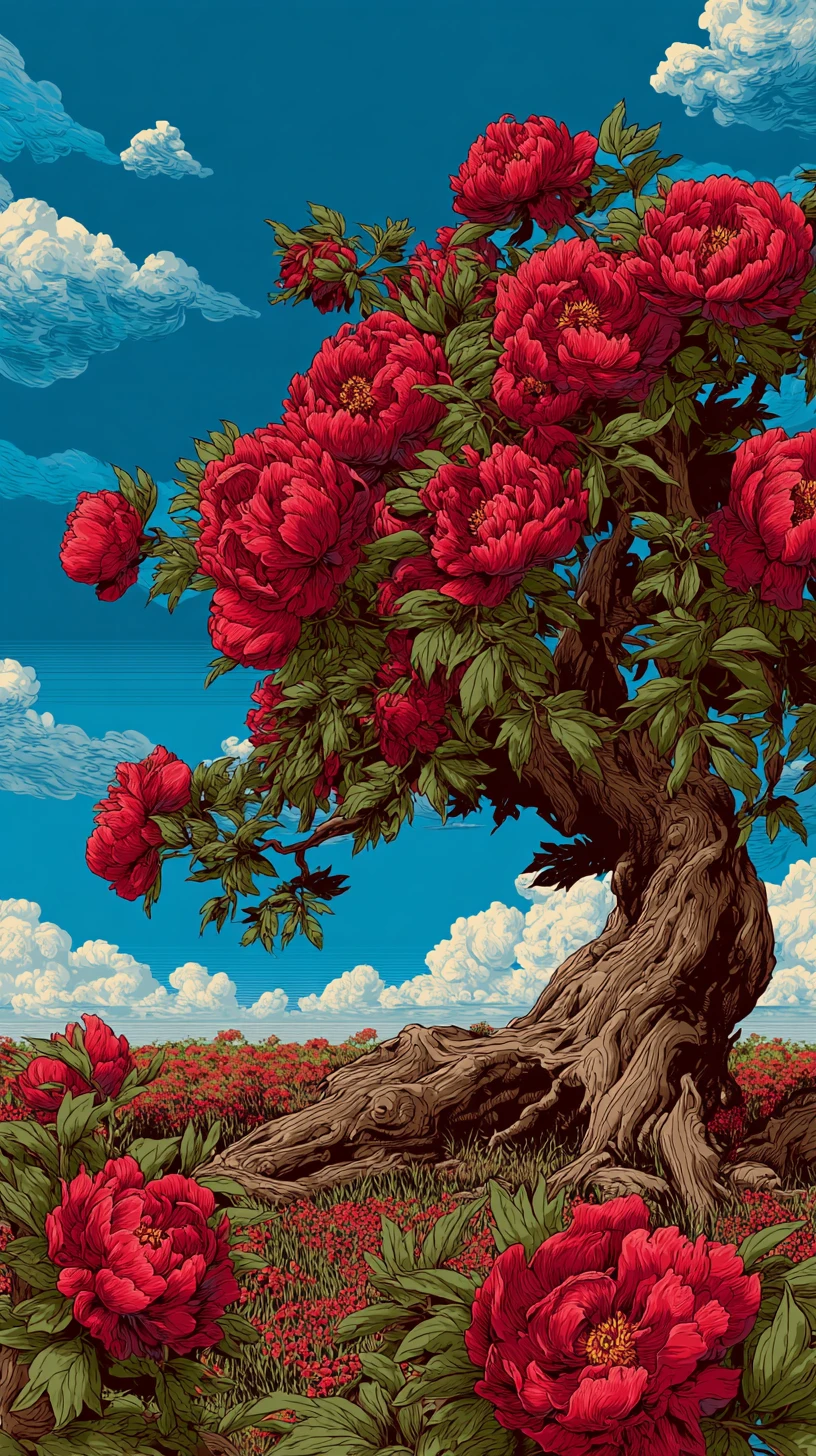 Majestosa árvore de peônias erguendo-se sobre um campo de flores vermelhas