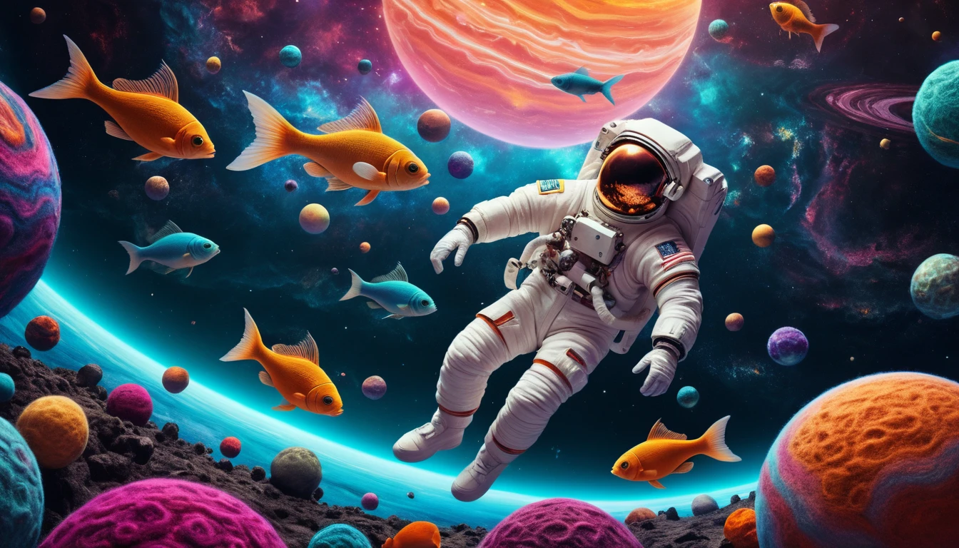 Astronaut schwebt zwischen leuchtenden Planeten im surrealen Filz-Weltraum