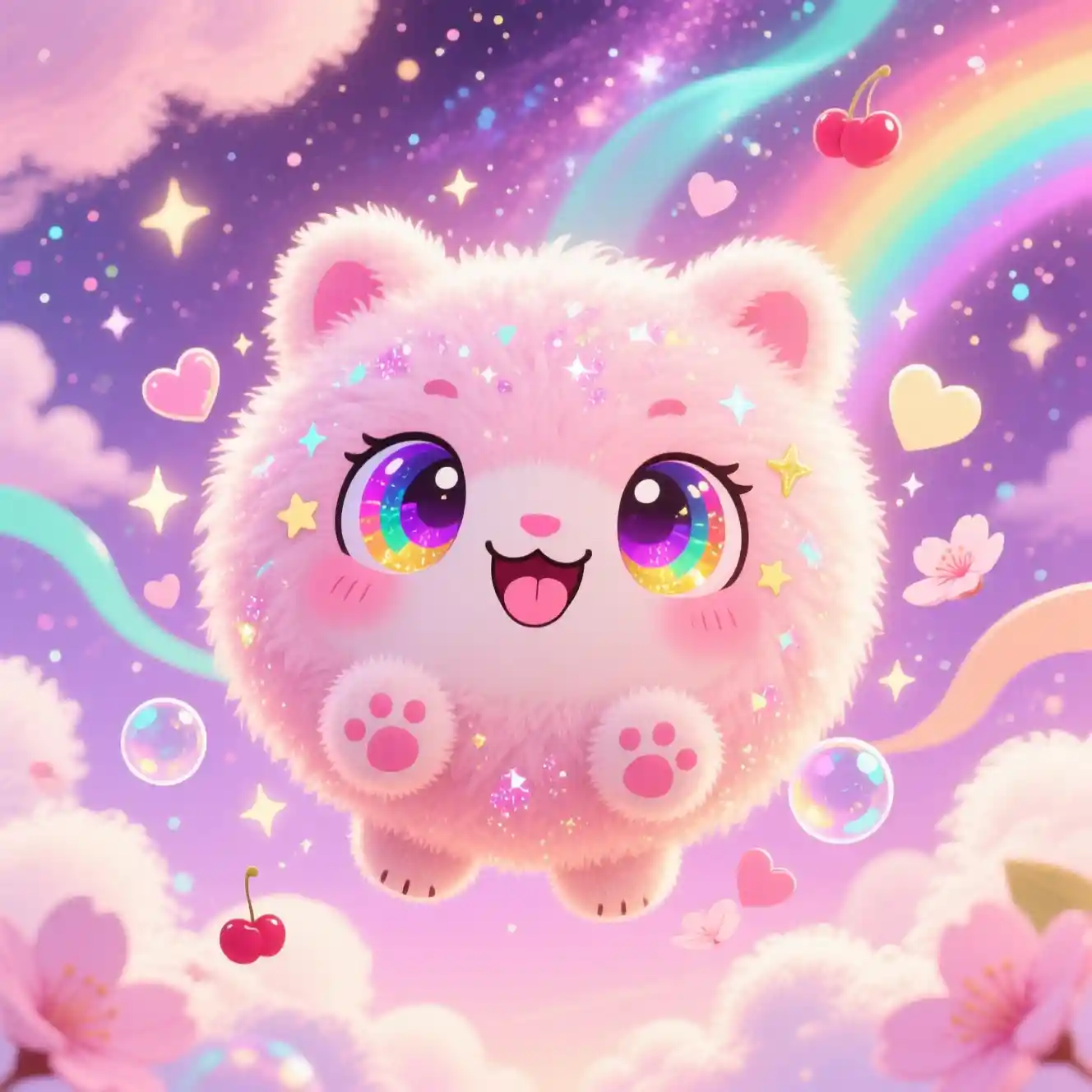 Cute chibi creature with rainbow eyes in pastel galaxy sky
