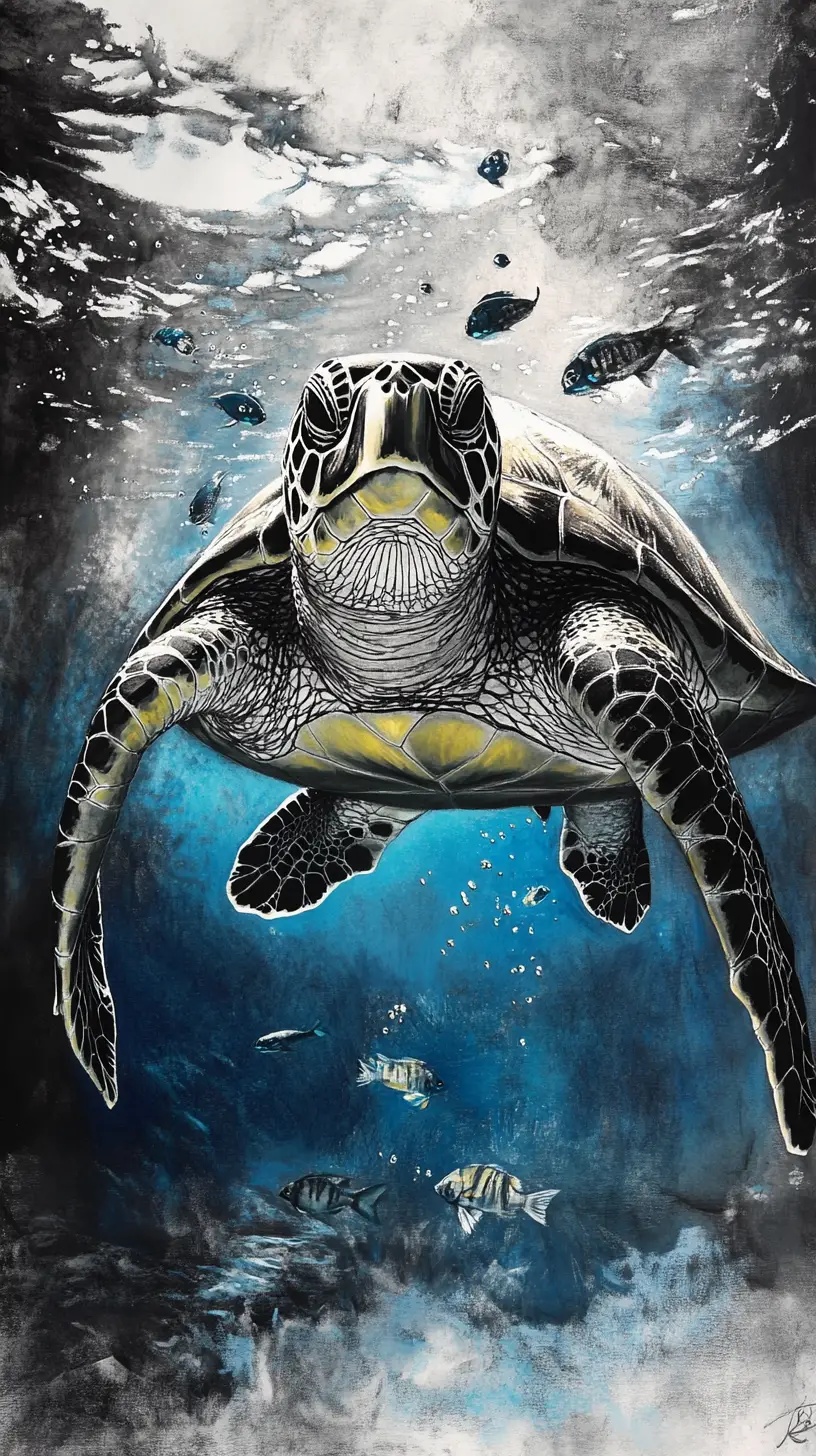 Tortue de mer au fusain nageant dans un océan surréaliste et lumineux