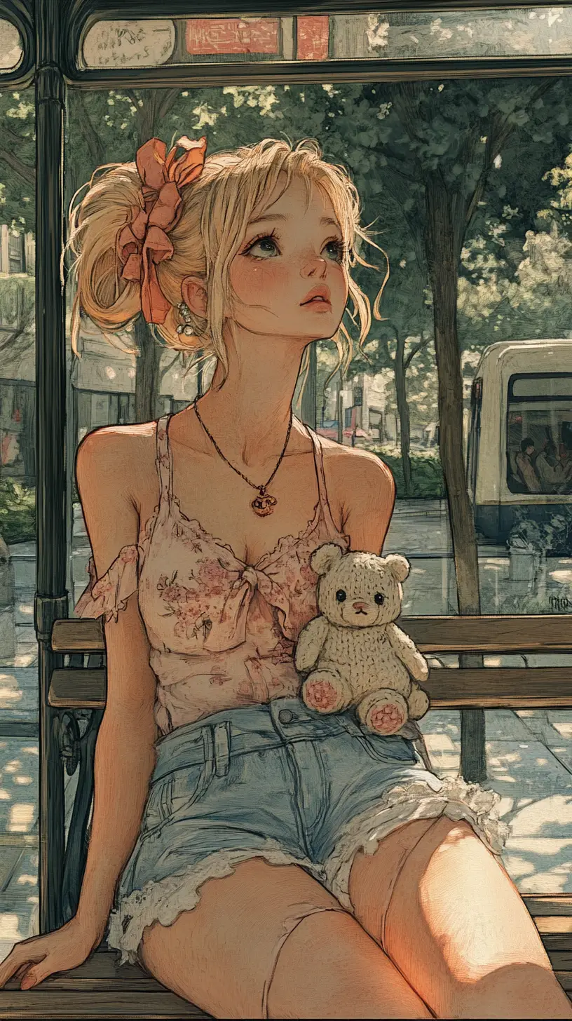 Young woman waiting at a sunny tram stop with teddy bear