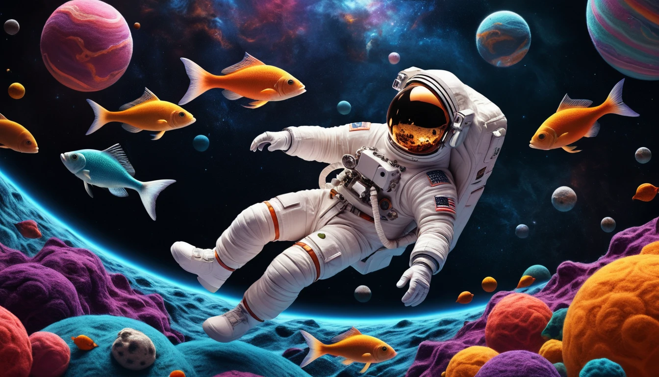 Astronaut schwebt durch surreale Filzplaneten im tiefen Weltraum