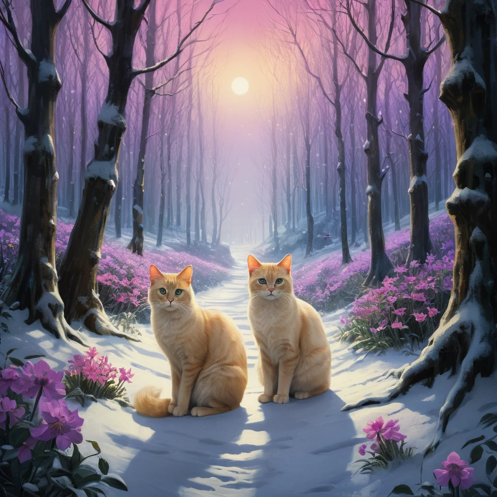Gatti fantasy che osservano farfalle in una foresta innevata