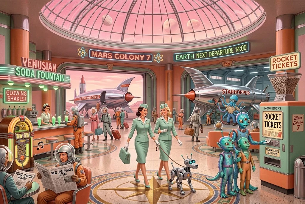 Retro-futuristischer Marsraumhafen mit Chromraketen
