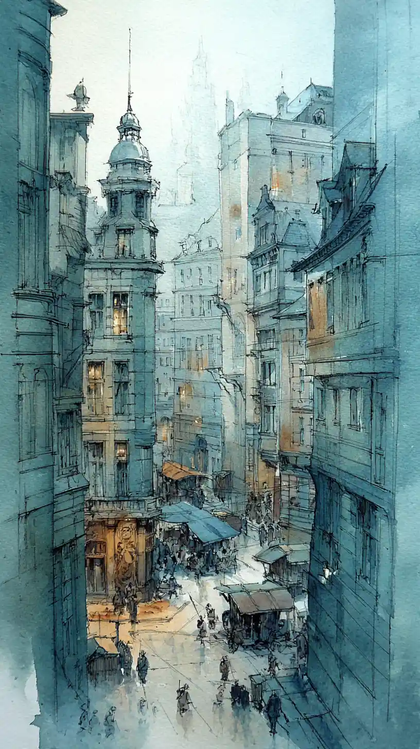 Aquarellansicht der Straße und Gassen am Hamburger Fischmarkt