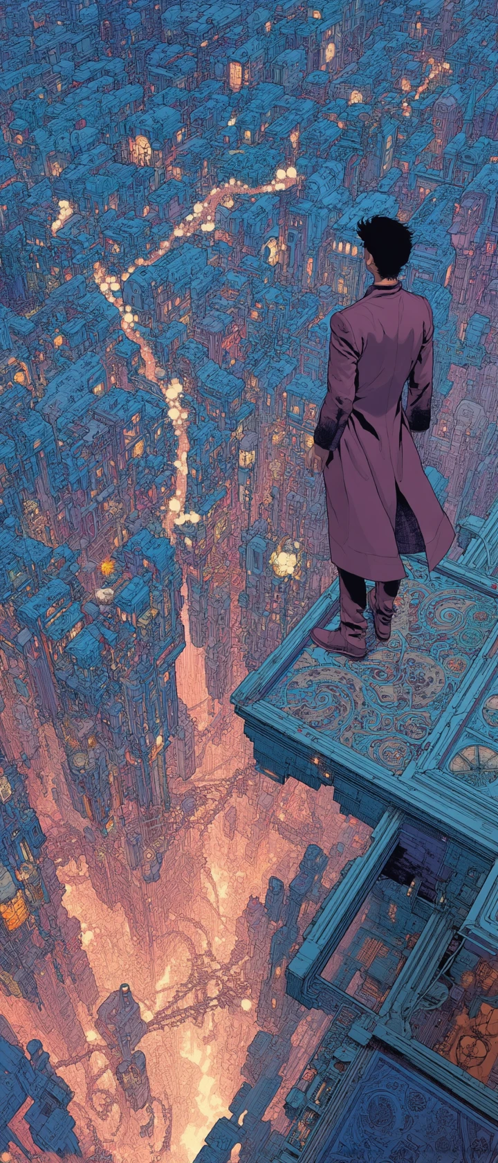 Erudito de anime levitando sobre uma cidade-mapa luminosa em constante mudança