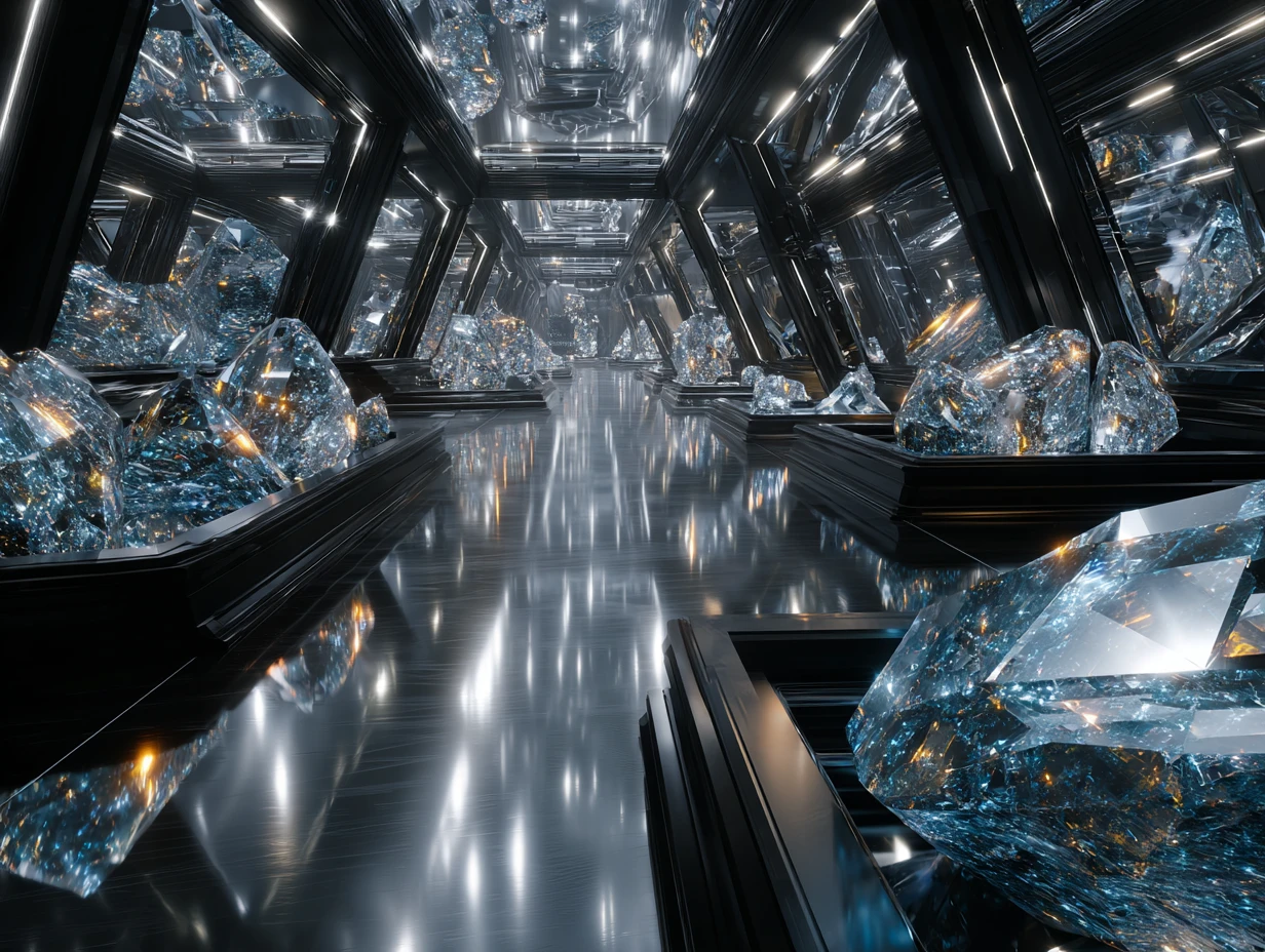 Êtres extraterrestres de verre traversant un pont colossal de vaisseau spatial
