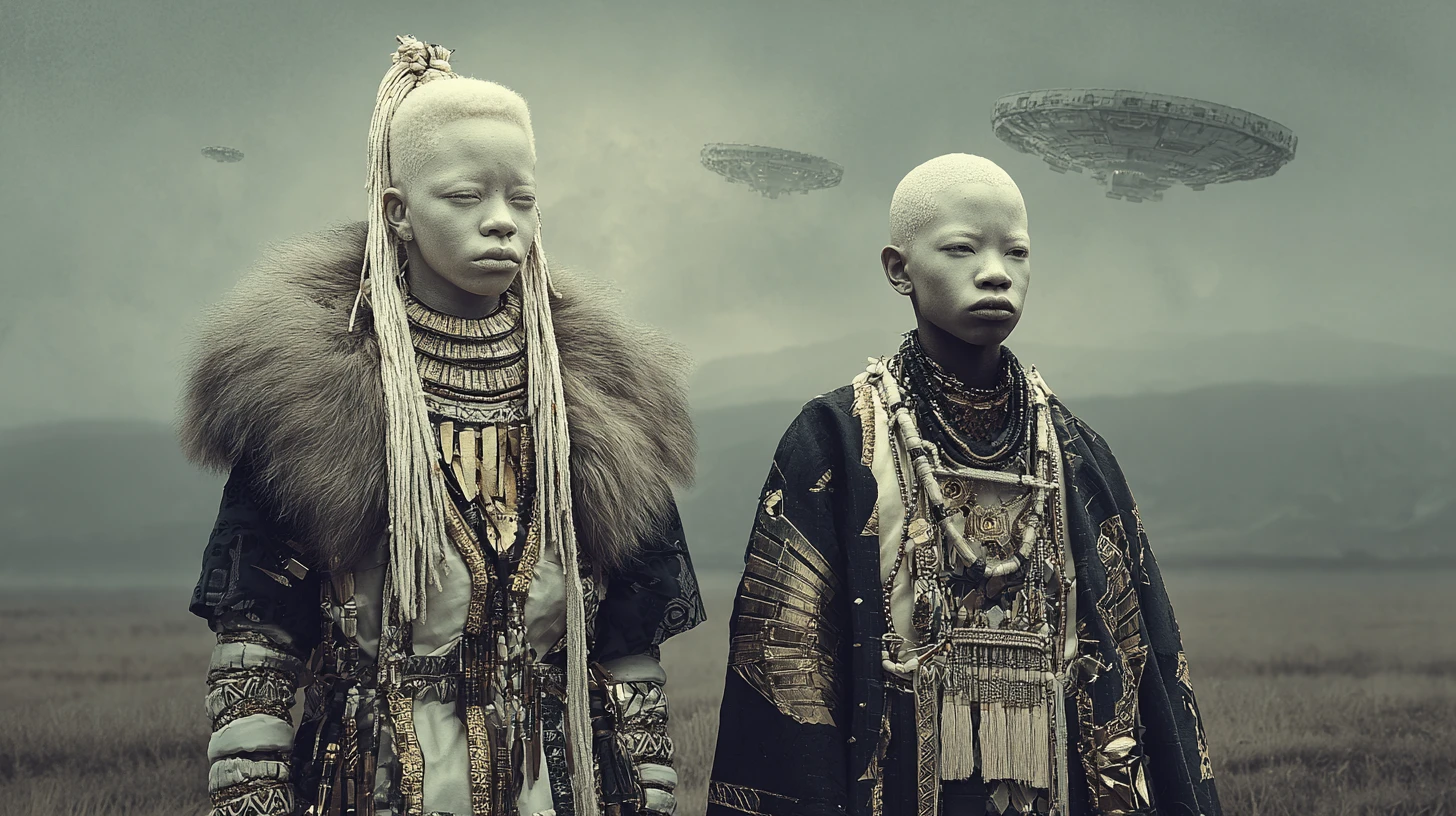 Homem e menino albinos em cena futurista de simbiose tribal