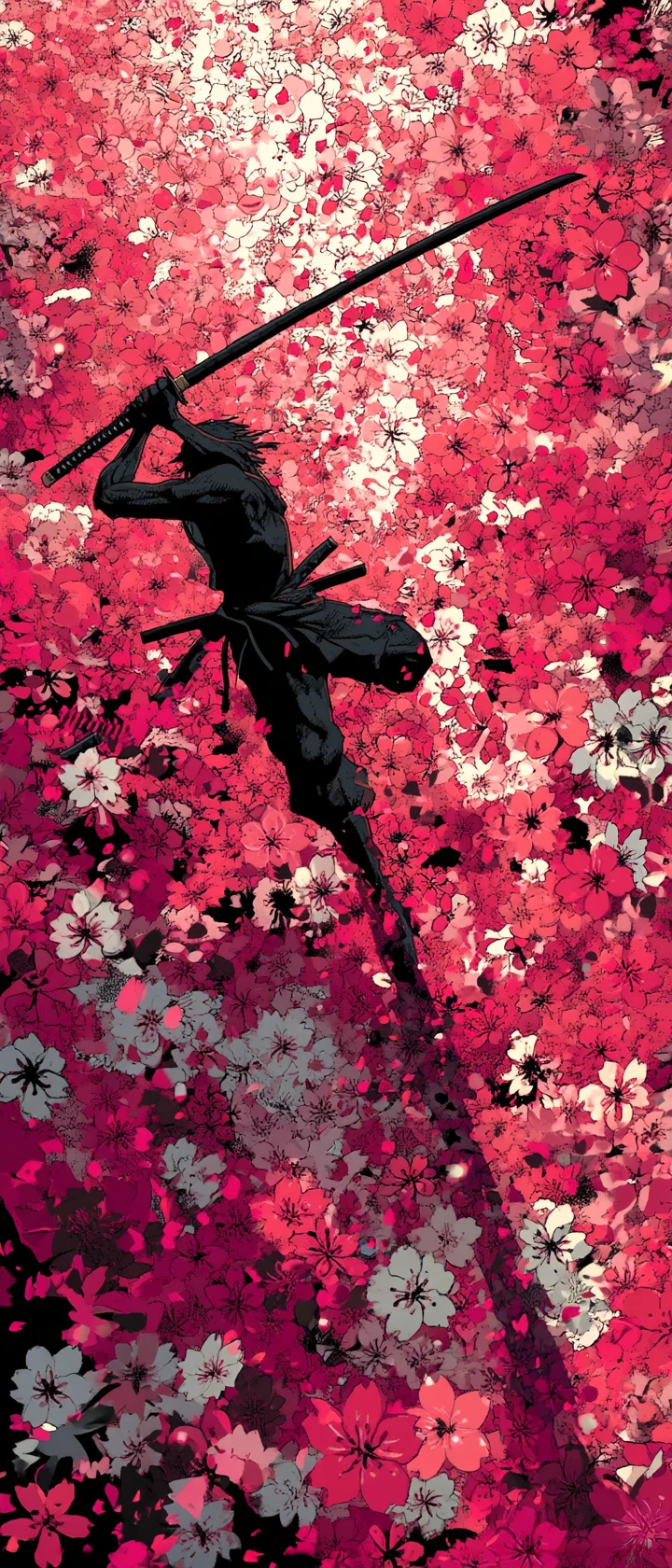 Anime samurai woman leaping through cherry blossom wall