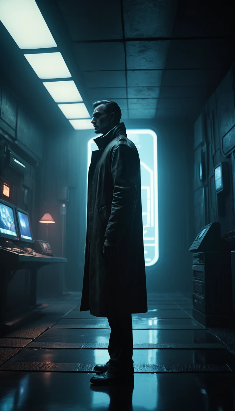 Hombre alto en una habitación oscura y vacía con iluminación cinematográfica