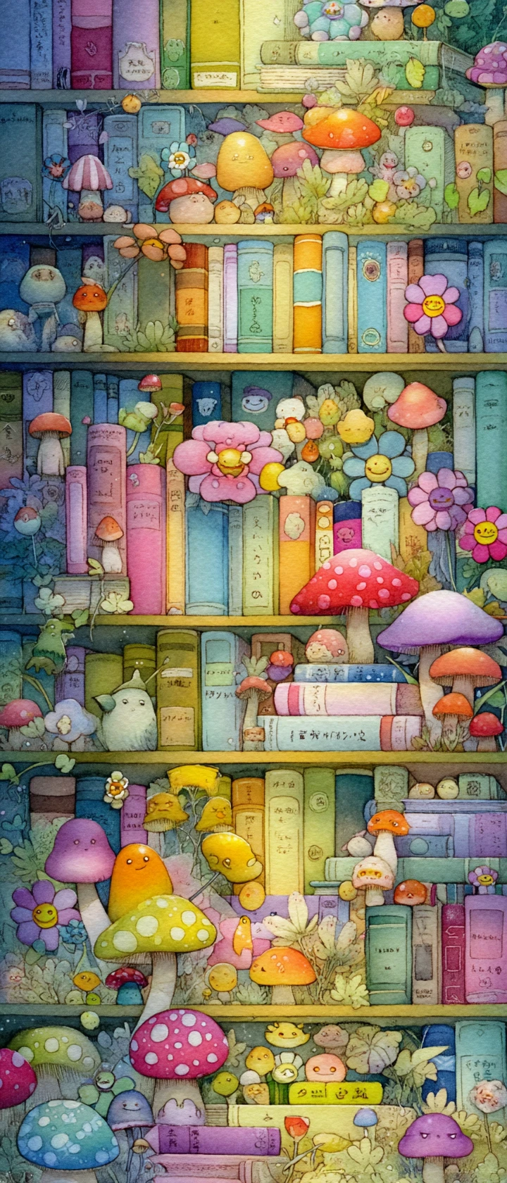 Bibliotecária de anime lúdica entre prateleiras floridas de livros sorridentes