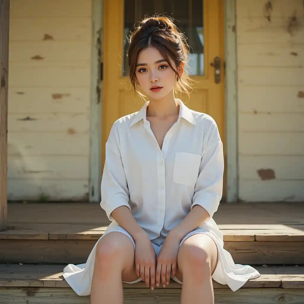 Korean freshman sitting on a sunlit wooden porch step