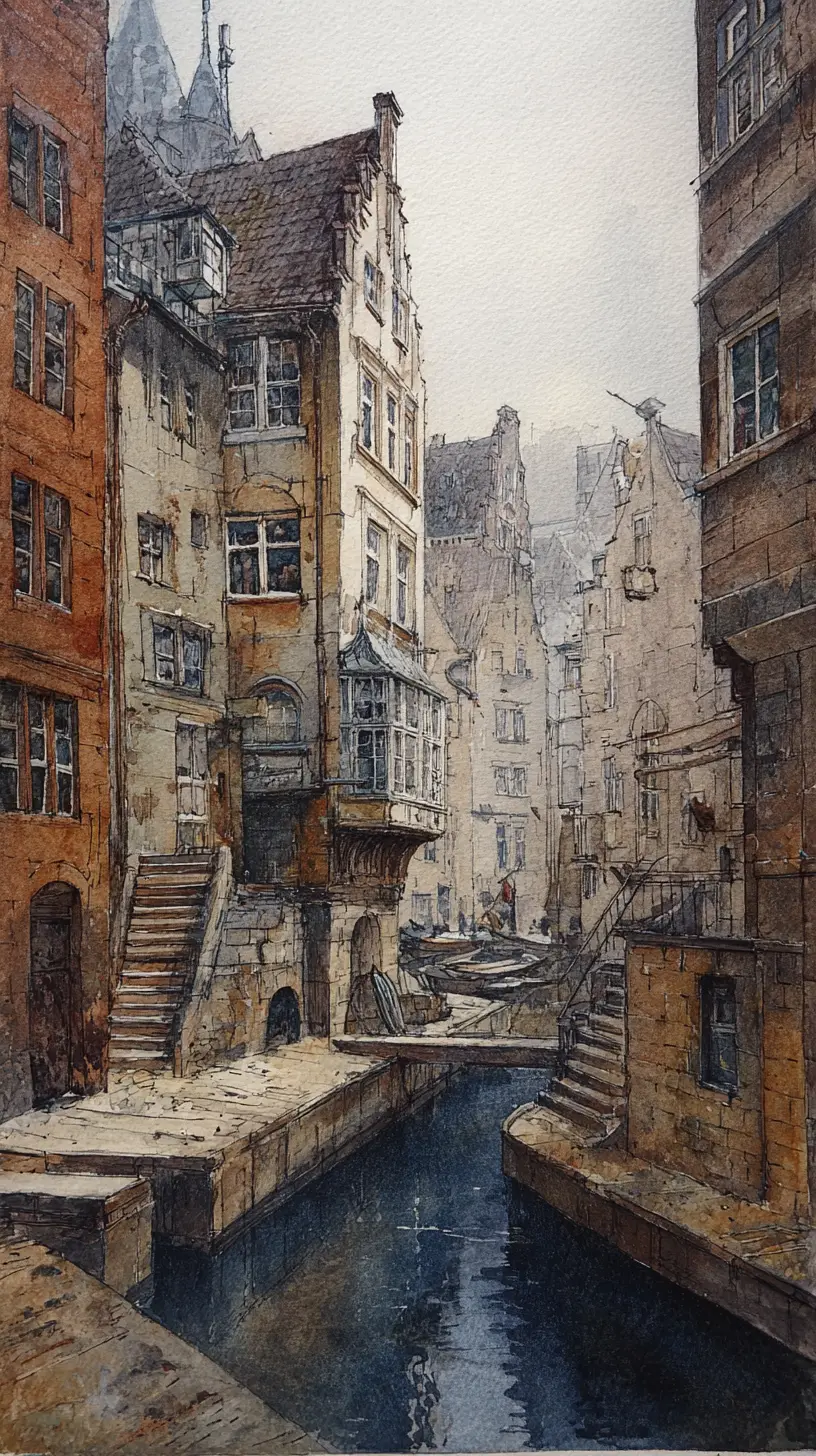 Historischer Hamburger Fischmarkt in sanften Aquarelltönen