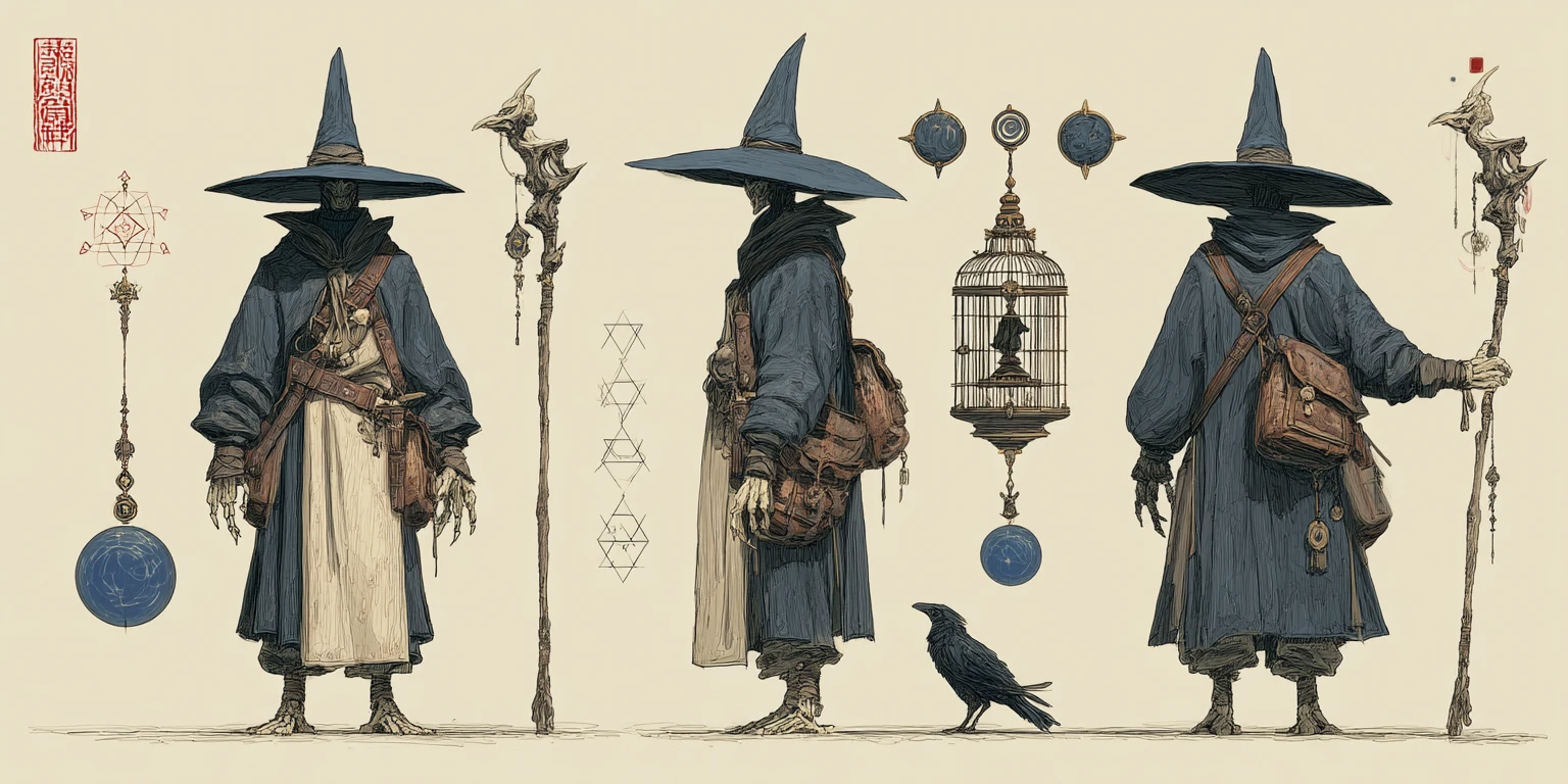 Tall robed fantasy mage with hidden face and arcane orbs