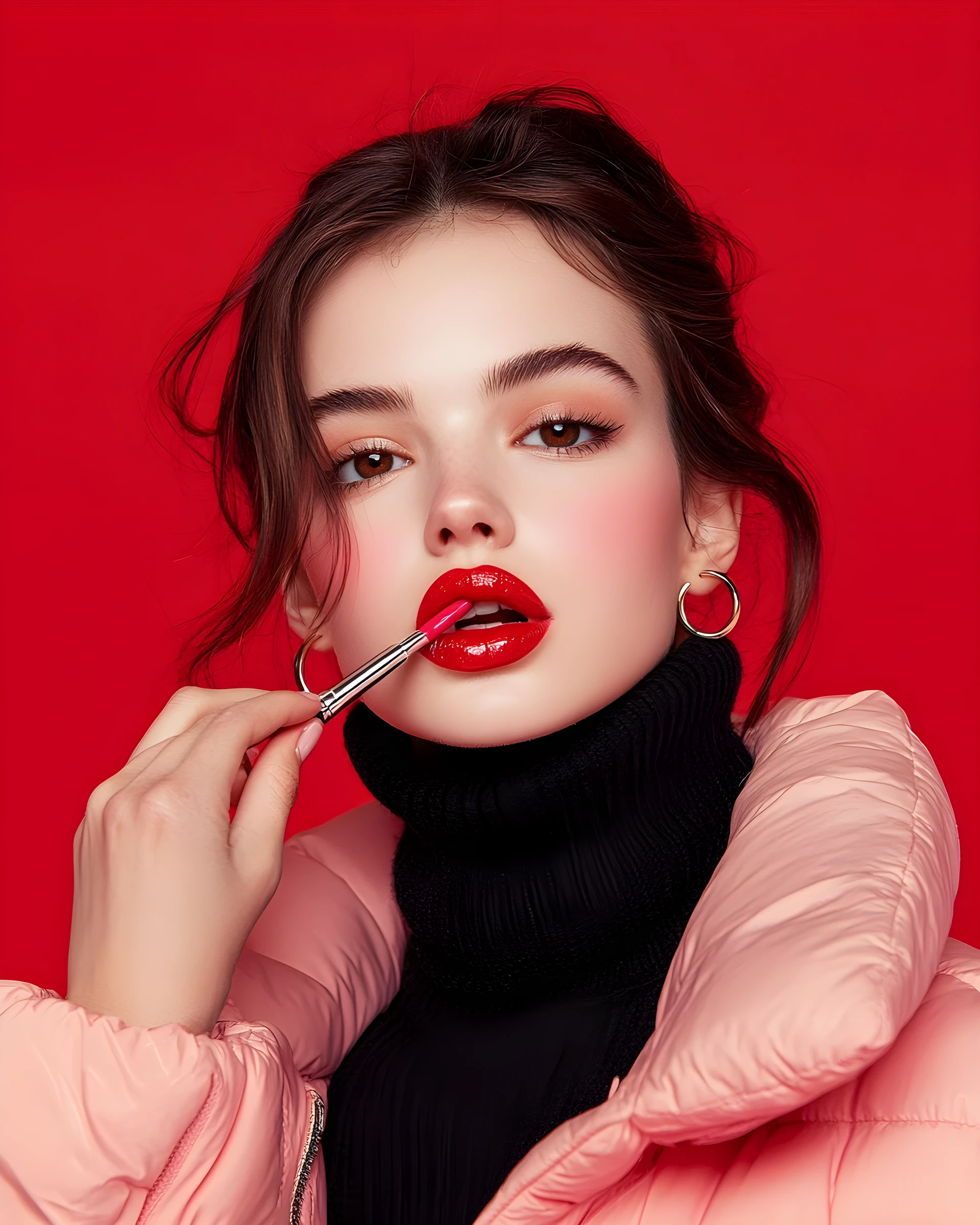 Mulher passando batom vermelho em retrato de moda dos anos 80