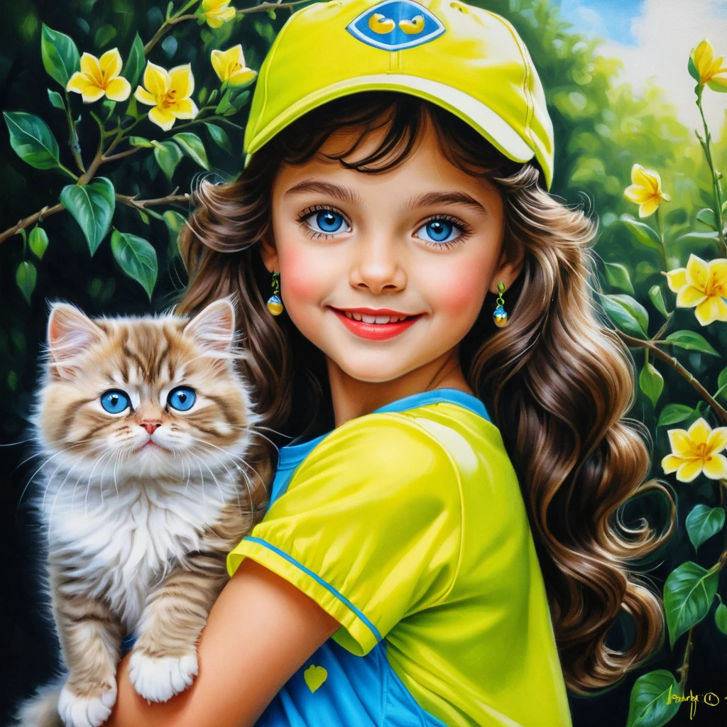 Fille souriante avec un chaton en tenue jaune néon éclatante