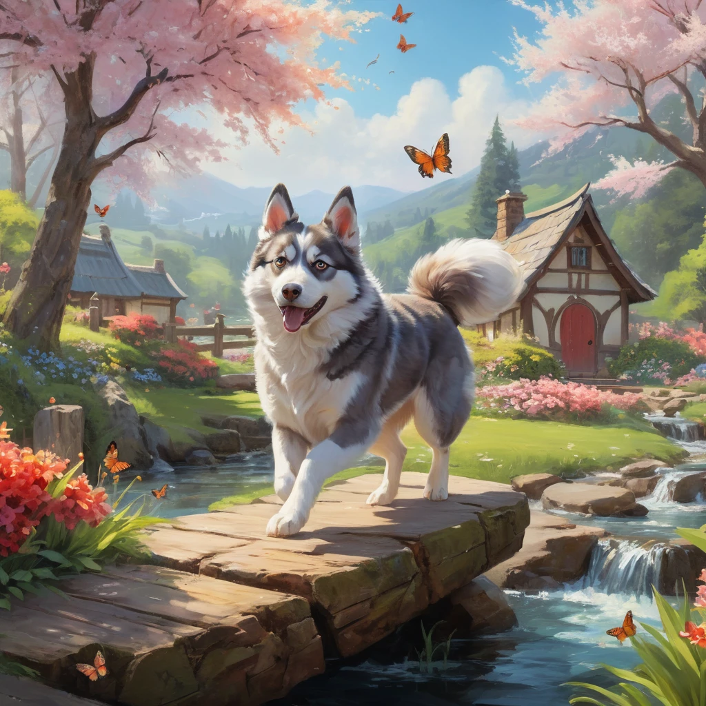 Husky alegre saltando sobre uma pedra em jardim de primavera