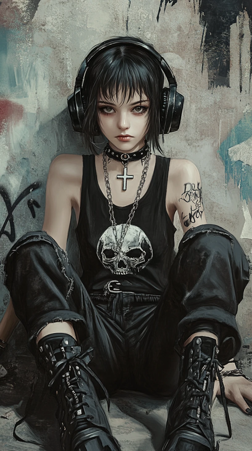 Gothic anime girl resting against graffiti covered concrete wall