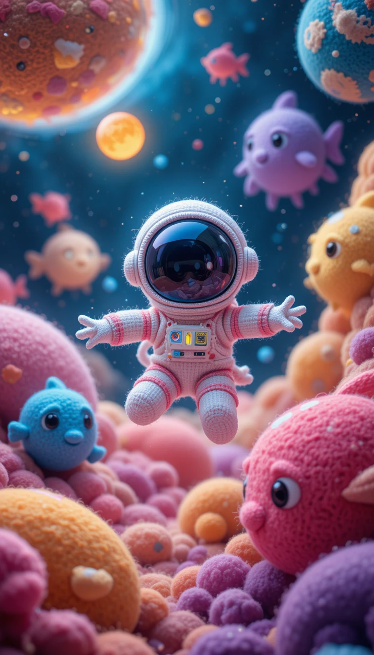 Niedlicher Woll-Astronaut schwimmt mit leuchtenden Fischen im All