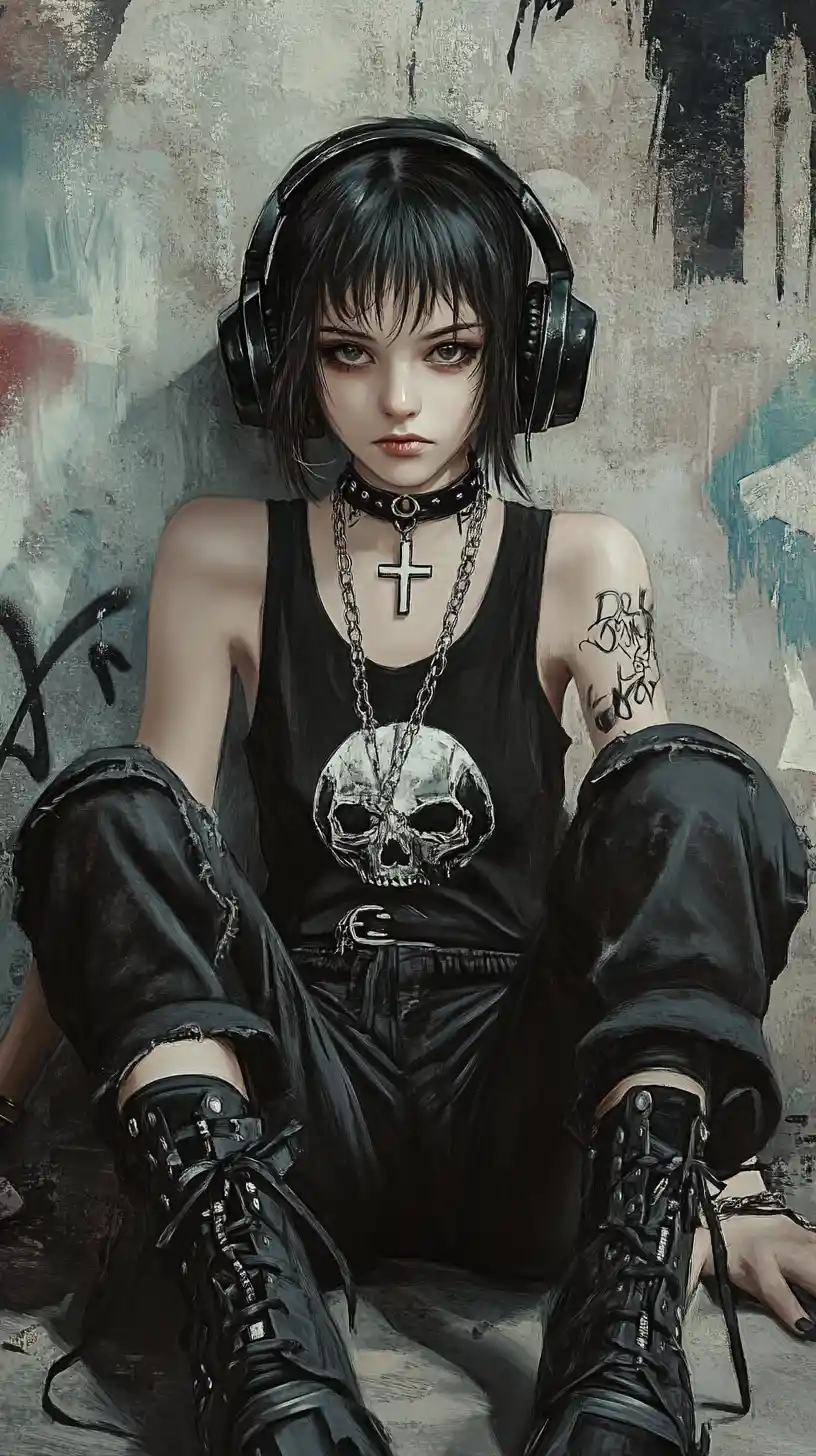 Gothic anime girl resting against graffiti covered concrete wall