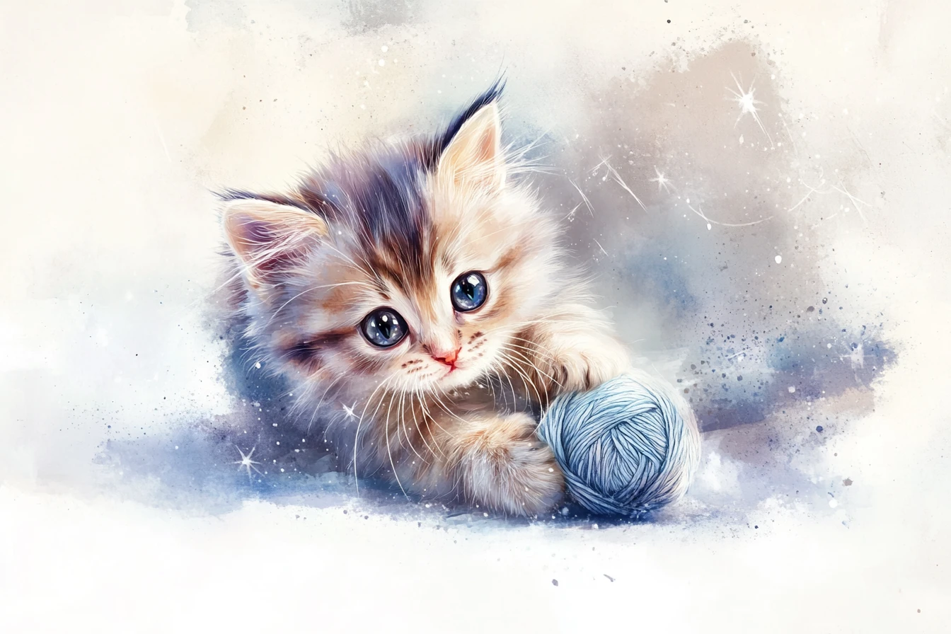 Chaton duveteux jouant avec une pelote de laine en aquarelle pastel douce