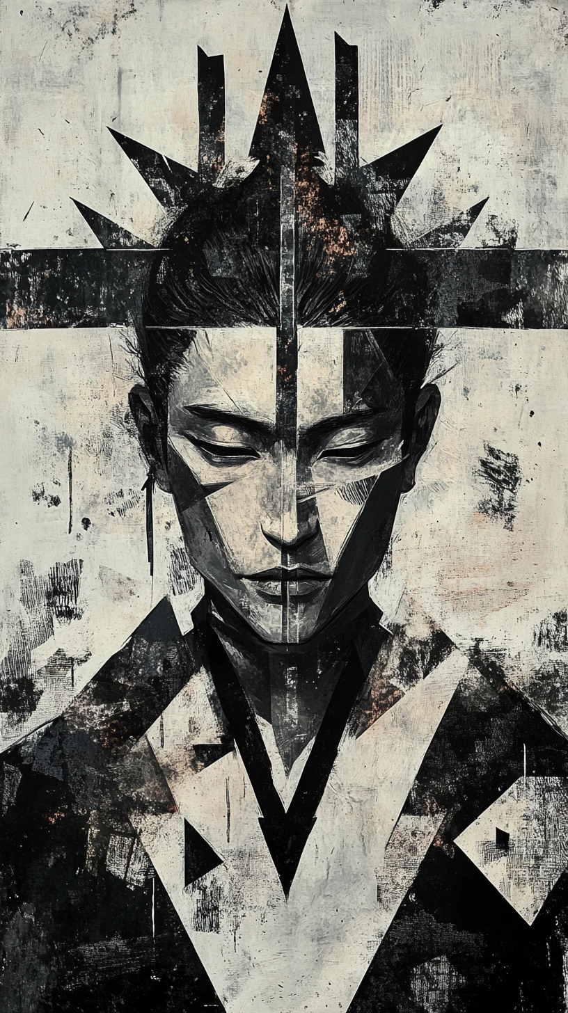Retrato de samurai cubista com fundo abstrato fraturado