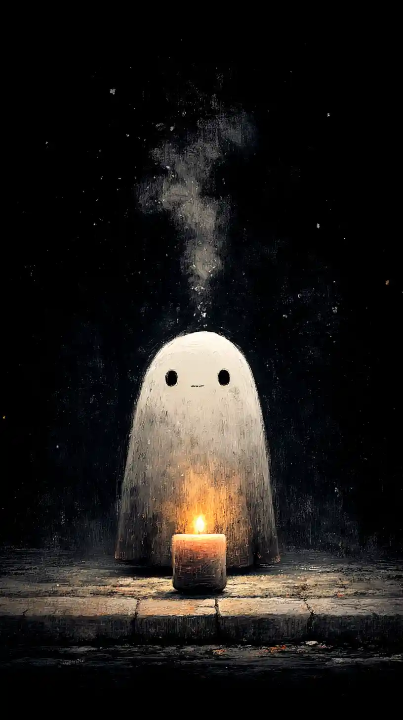 Cute ghost floating above an unlit candle with smoke