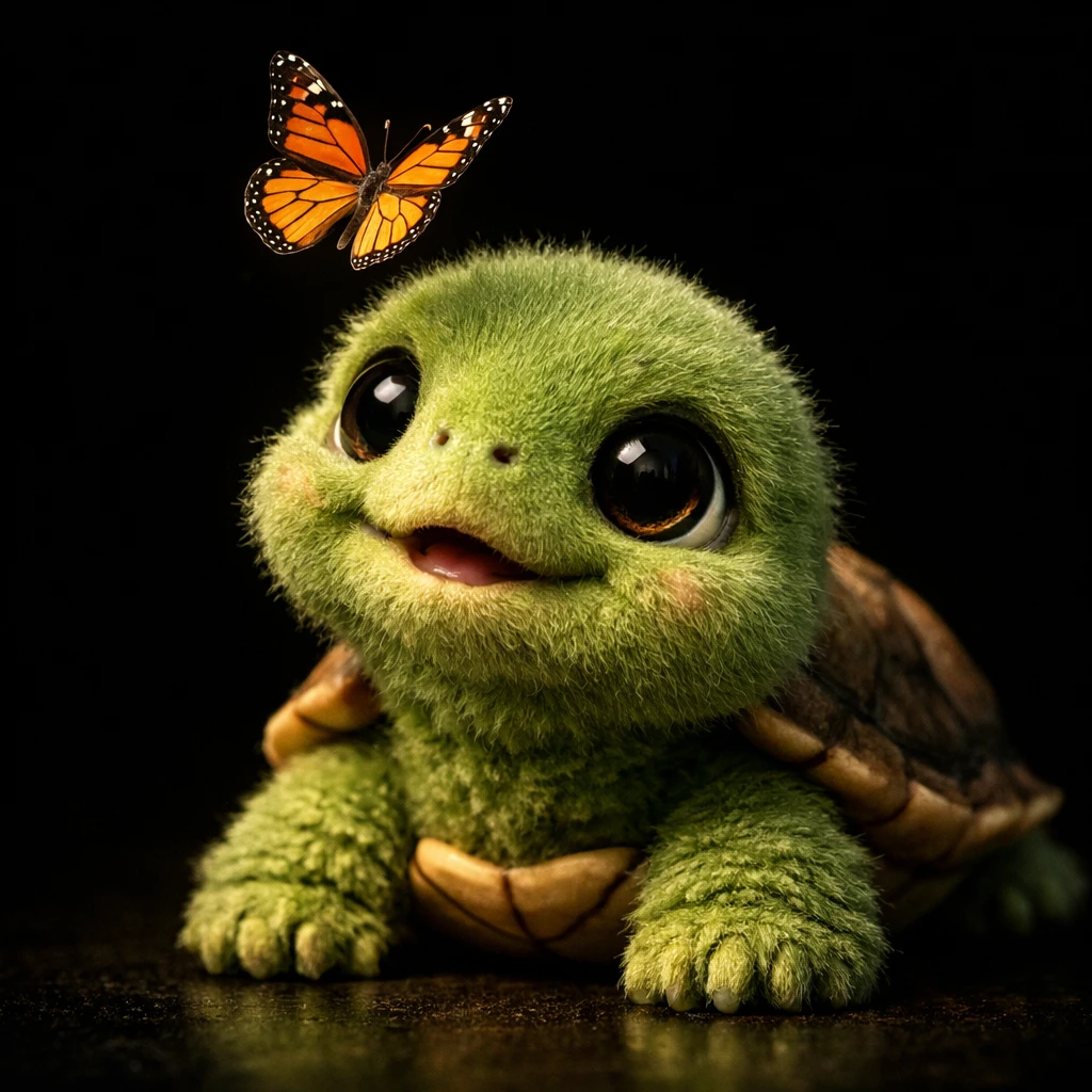 Süßes Baby-Schildkrötchen mit Schmetterling vor dunklem cineastischem Hintergrund