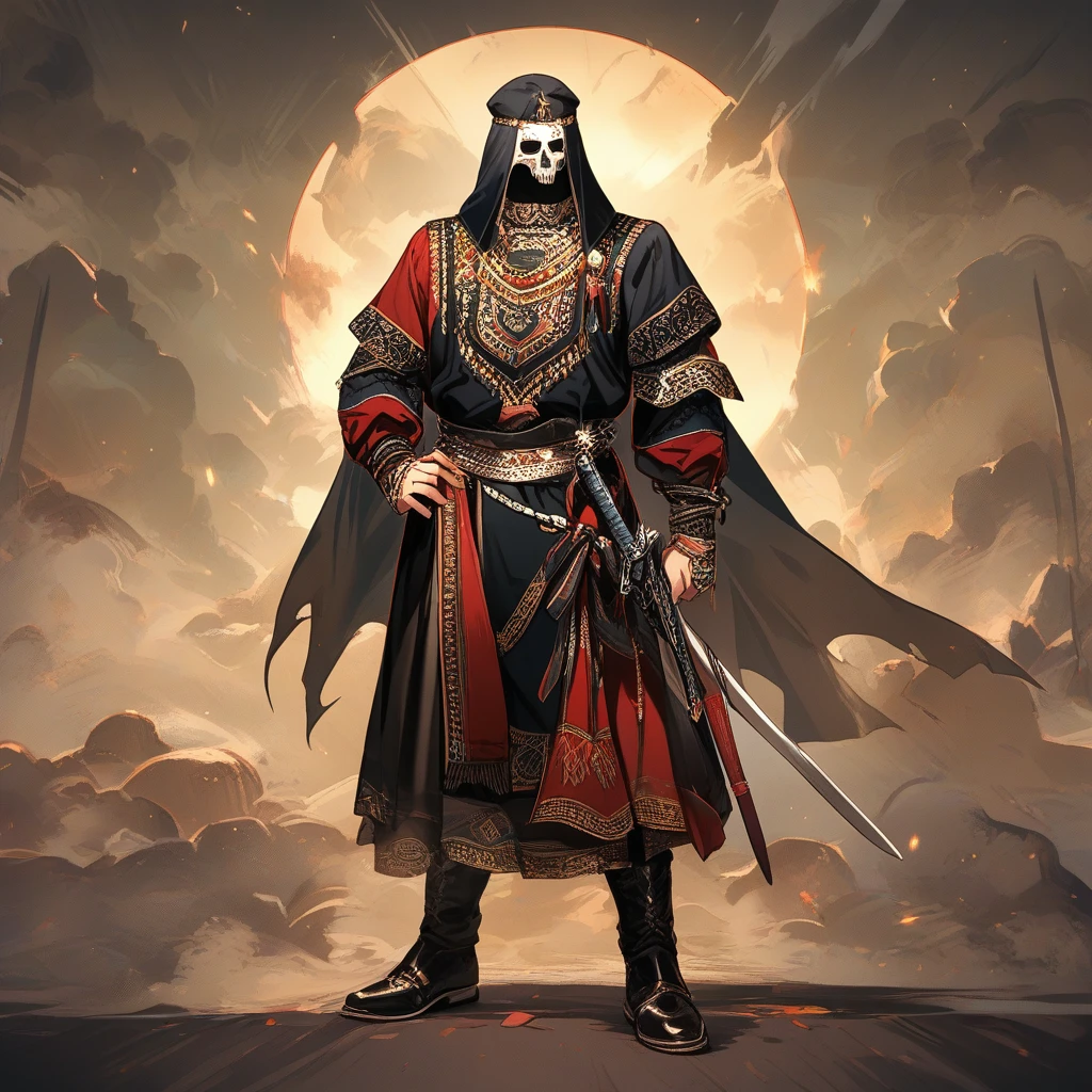 Arab warrior in black with skull mask full body view