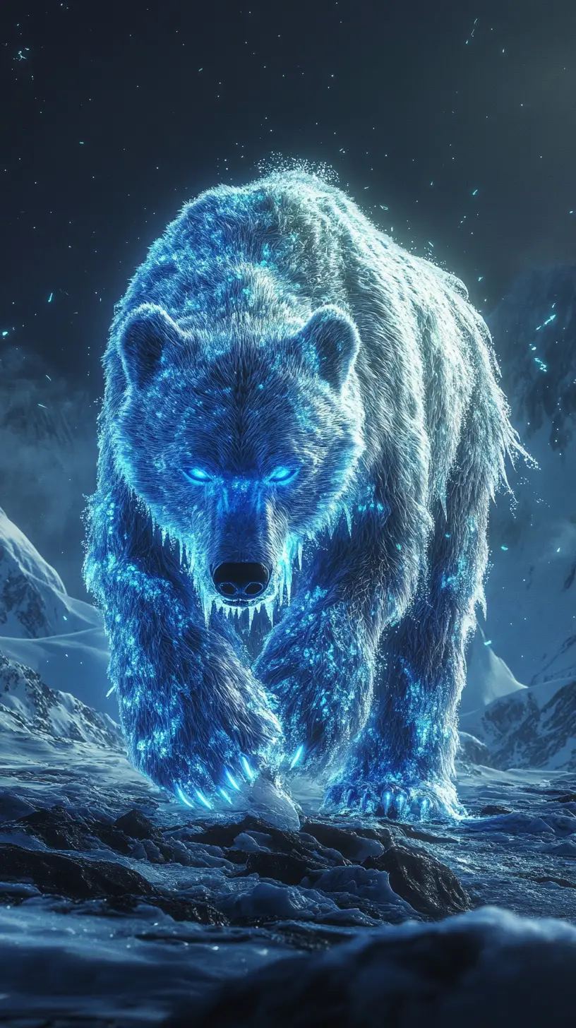 Leuchtender Eisbär aus Eis in dunkler arktischer Landschaft